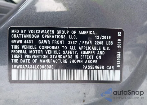 2020 Volkswagen Passat 2.0T Se из США, поврежденный, VIN 1VWSA7A34LC008030